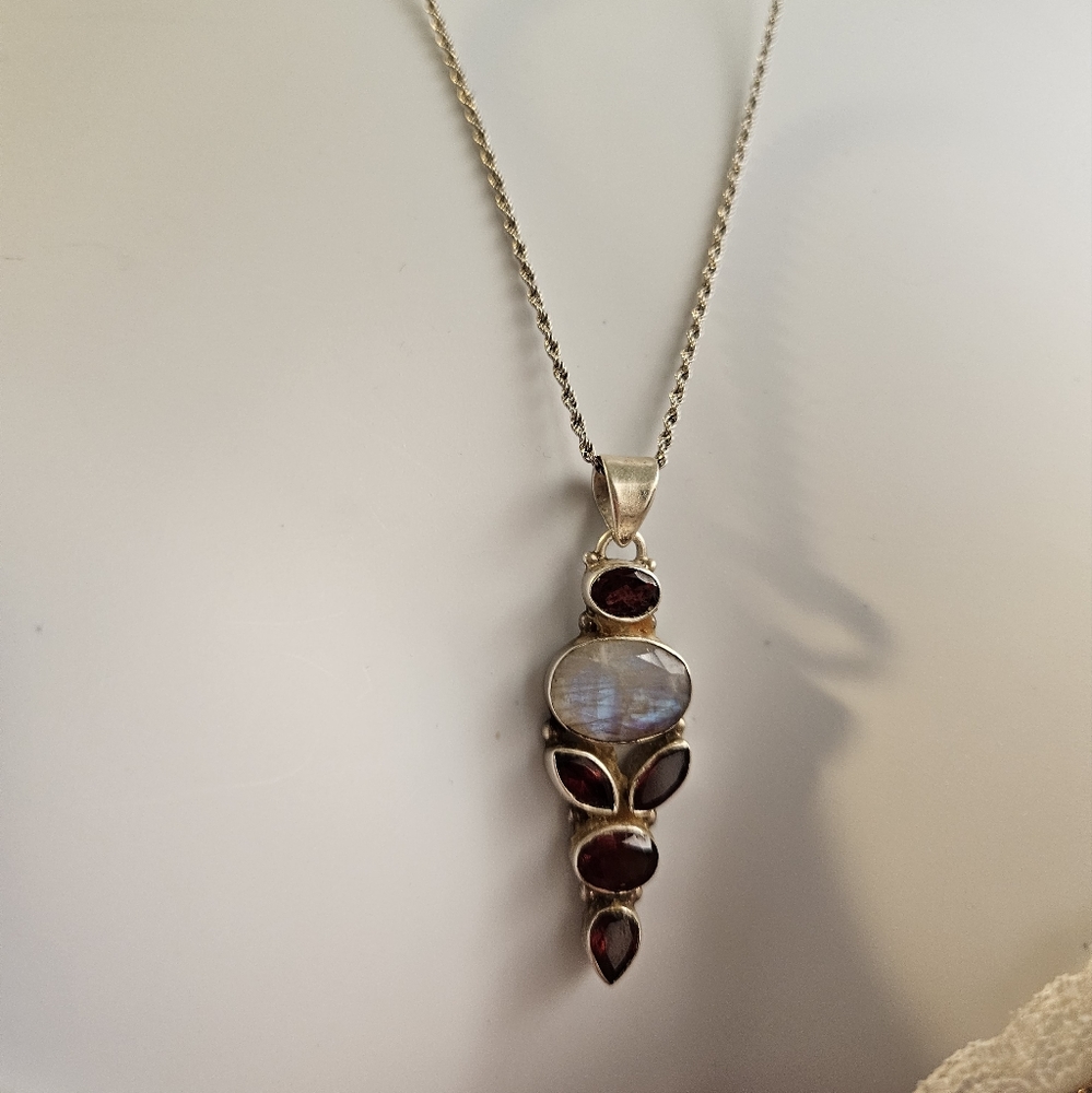 Rainbow Moonstone & Garnet Sterling Silver Pendant